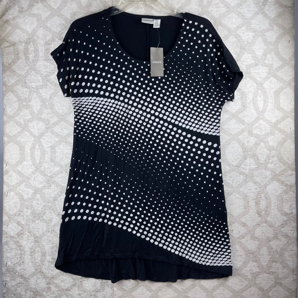 Chico's Zenergy Polly Dot Tunic Womens 0 Small Black White Short Sleeve NWT